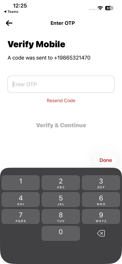OTP verification screen with verification code input
